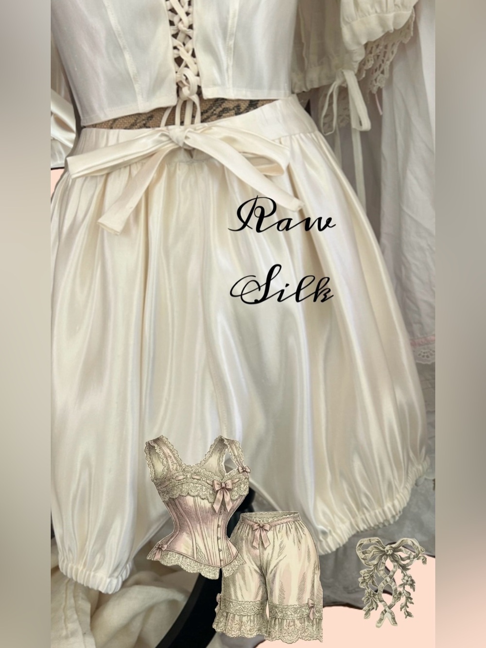 Raw Silk Ivory Bubble bloomers, sorts, underpinnings with back Waist Tie size S